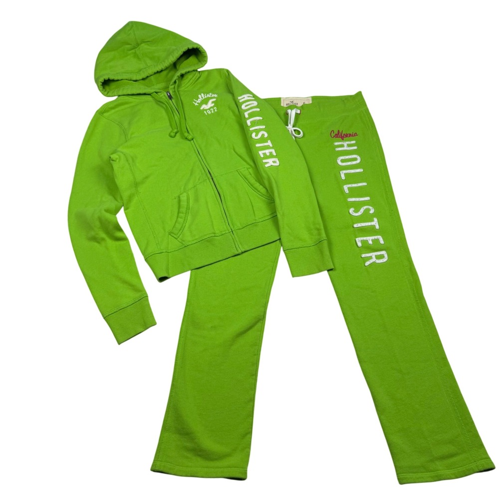 VTG Y2K Hollister Matching Tracksuit Set Lime Green Low Rise Sweatpants / Hoodie